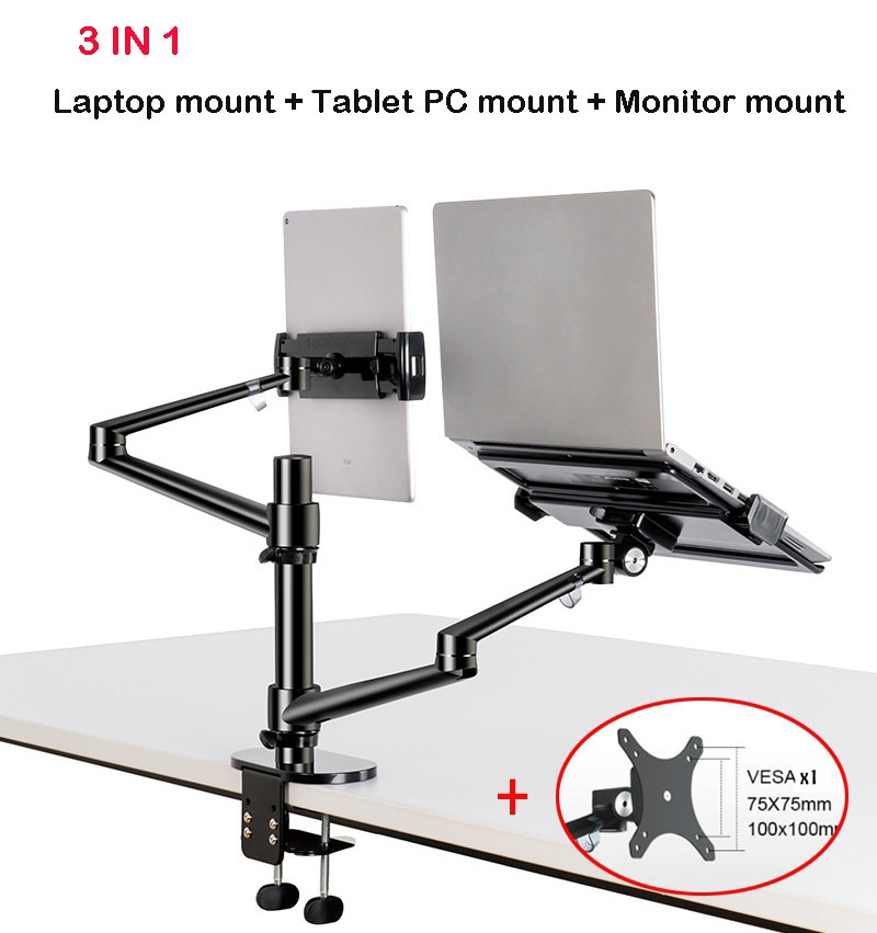 OL-3T Aluminium 3 In 1 Hoogte Verstelbare Desktop Dual Arm 17-32 Inch Monitor Houder + 10-17 inch Laptop Stand + 14 Inch Tablet Mount