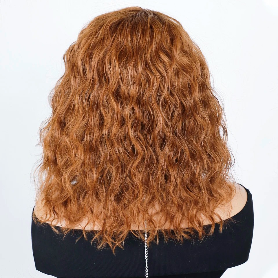 Perruque de cheveux humains bouclés au miel avec frange à franges, partie latérale, sans colle, pré-plumée, gros moelleux, marron, blond mélangé: # 27R
