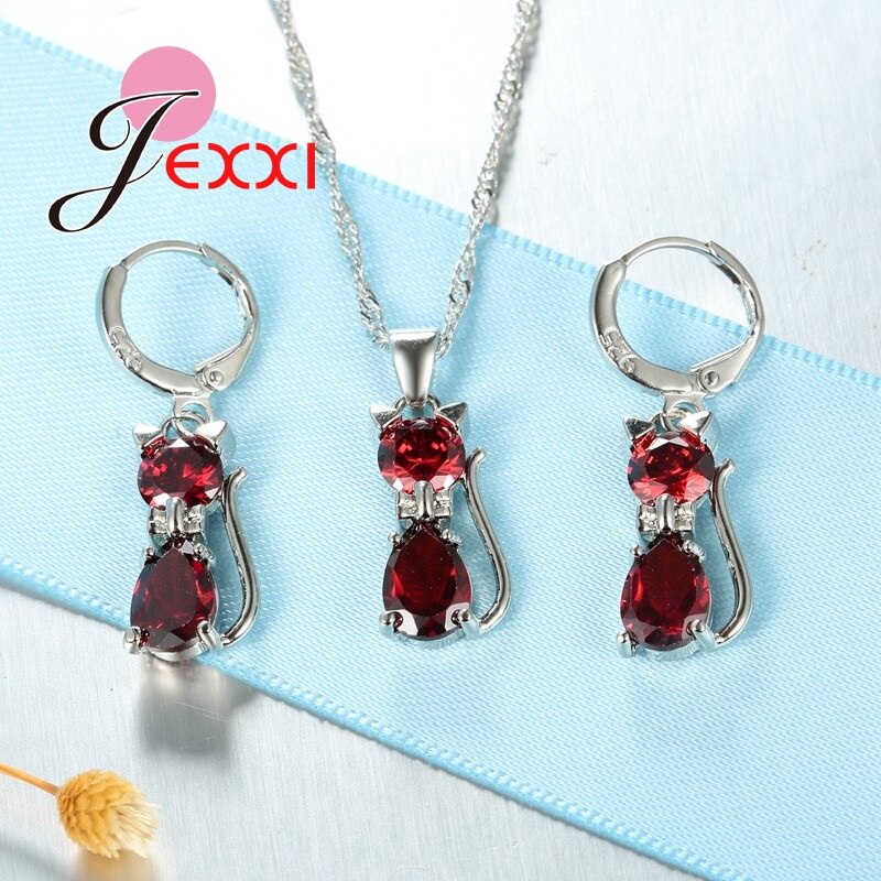 Mode 925 Sterling Zilveren Sieraden Sets Voor Vrouwen Laies Luxe Cz Rhinestone Dier Kat Charm Hanger Ketting Oorbellen