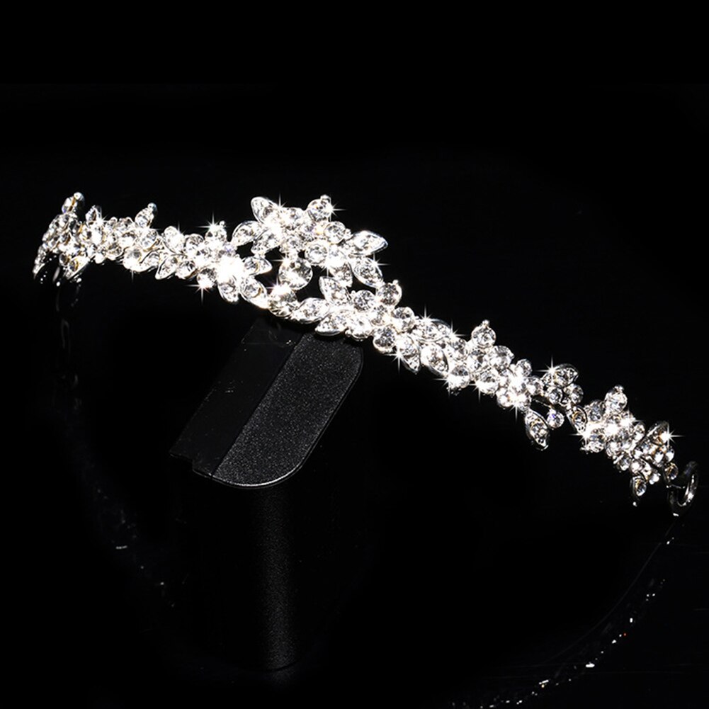 Luxury Rhinestone Inlaid Sliver Color Necklace Earrings Hair Crown Bride Jewelry Set