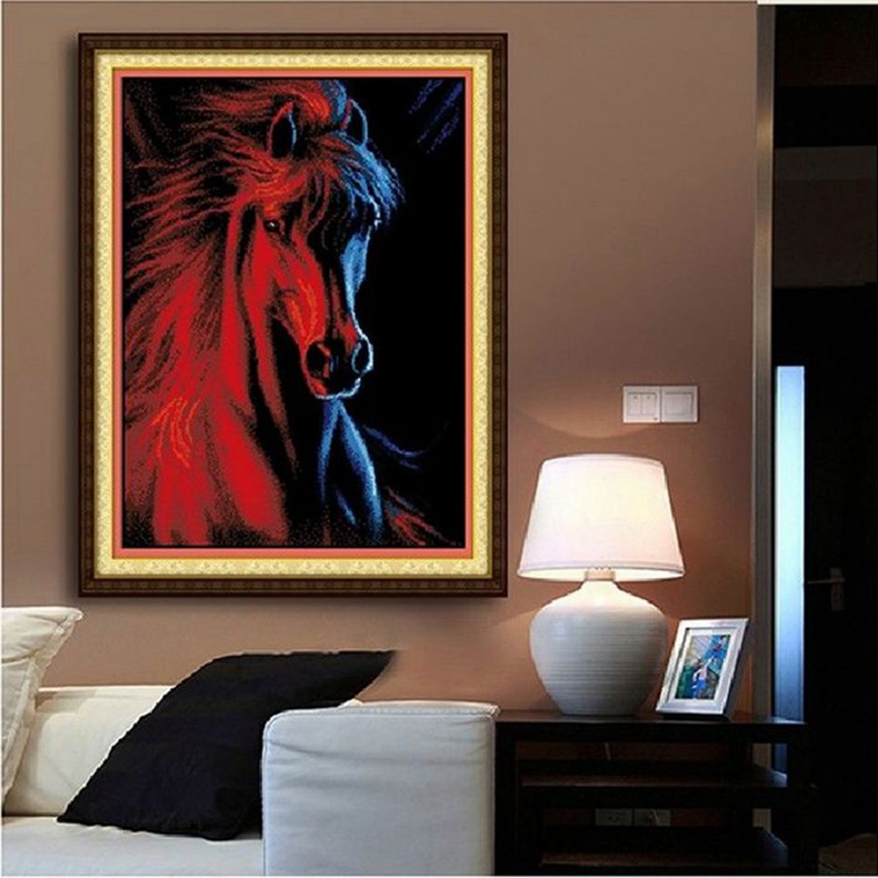 Needlework DIY Cross stitch,Embroidery kit set,Fire and ice horse animal printed pattern Cross-Stitch Wall Home Decor