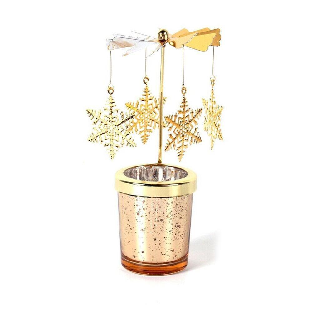 Vela giratoria de cuento de hadas, soporte de luz de té de Metal, carrusel, rotación romántica, candelero para decoración del hogar, de arte: golden snowflake