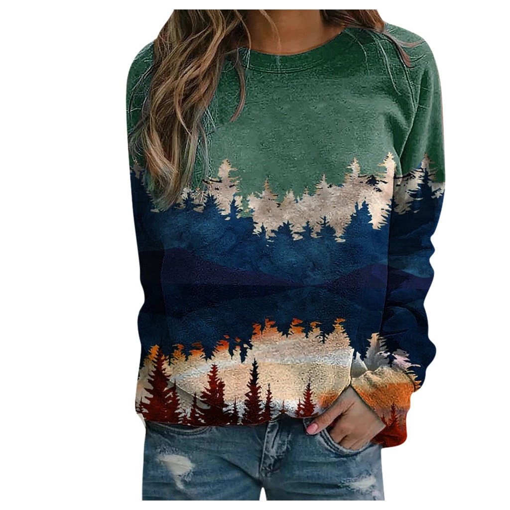 Femmes imprimé à manches longues sweat-shirt Pullover décontracté éléments de montagne imprimé décontracté dames col rond pour l'automne hiver: Green / M
