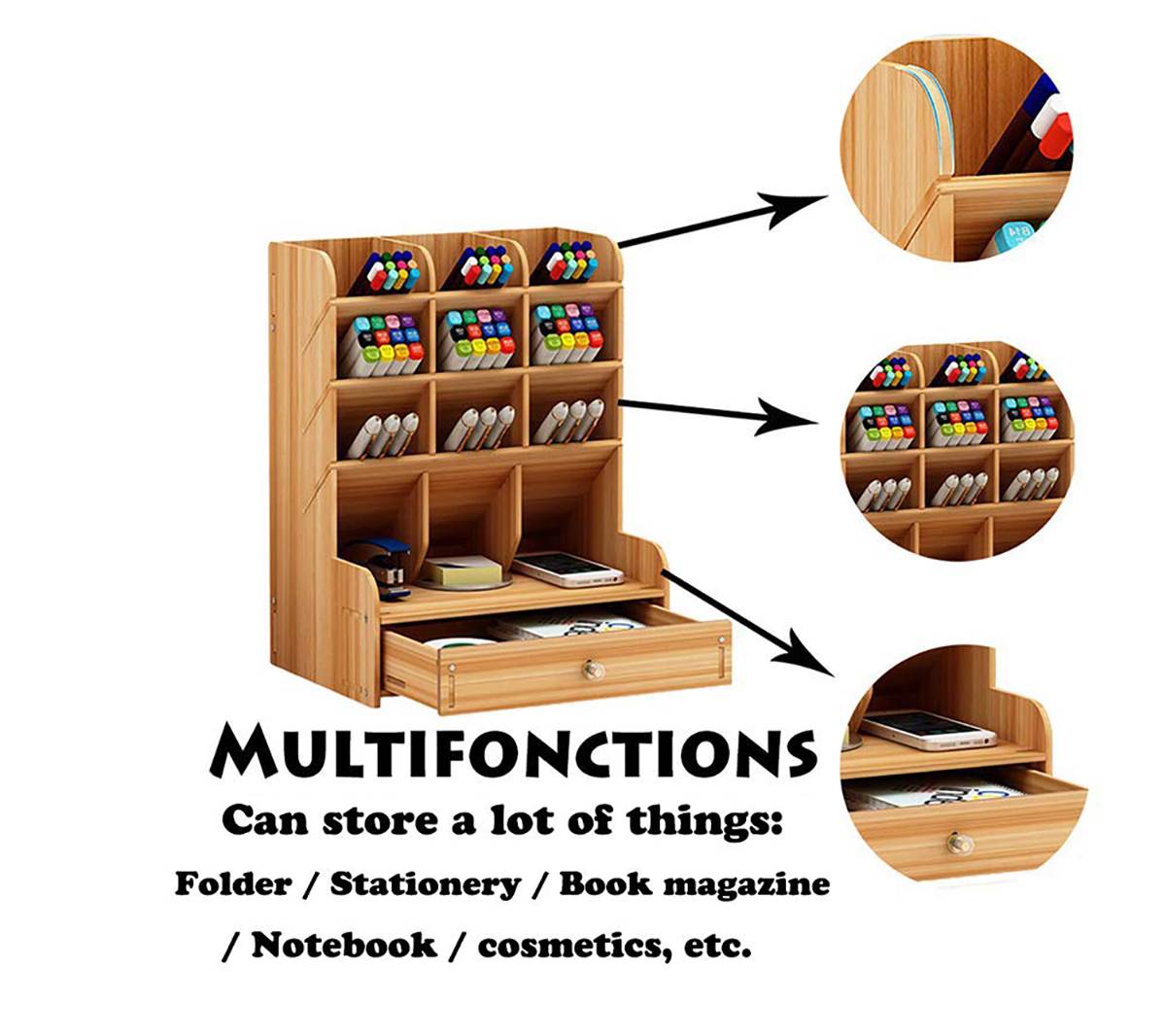 Wooden Desk Organizer Multi-Functional DIY Pen Holder Box Desktop Stationary Home Office Supply Storage Rack