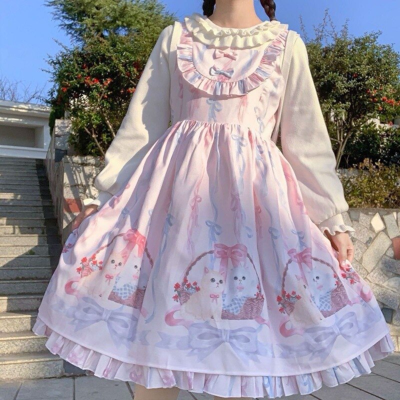 Kawaii Lolita Dress Women Girls JSK Lolita Kawaii Cute Cats Tea Party Dresses Ruffles Cosplay Spring Summer Slip Dress: pink