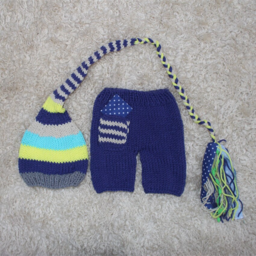 Baby Knit Crochet Costume Blue Striped Soft Set Hand Knit Long Tail Hat Cute Shower