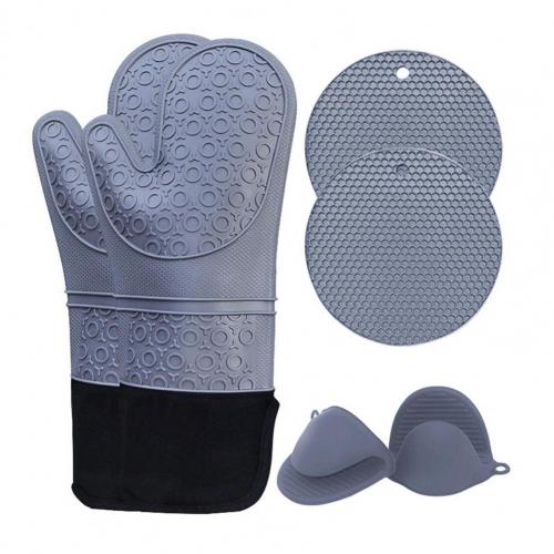 5Pcs/Set Oven Mitts Flexible Heat Insulation Silicone Extra Long Mittens Gloves Pot Holders Placemat for Kitchen: Light Grey