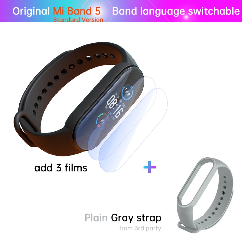 Xiaomi-Pulsera Mi Band 5 de fitness, reloj con monitor deportivo del ritmo cardíaco las 24 horas, carga magnética, sueño REM, siesta, pasos, natación, alarma de recordatorio,: STD n film gray