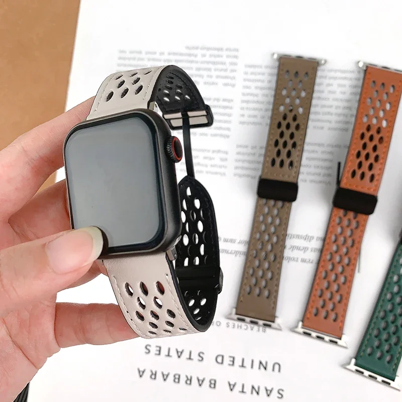 Læderrem til apple watch-rem 44mm 42mm 46mm 45mm 41mm silikone magnetisk armbånd iwatch serie 10 9 8 7 6 se 5 ultra 49mm