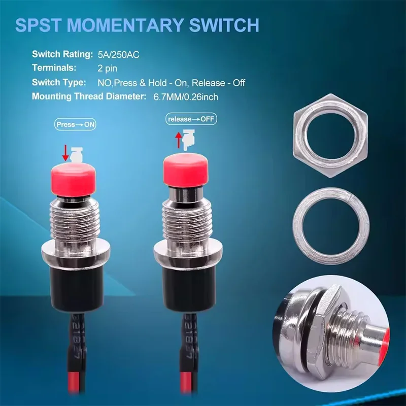 5Pcs Round PBS-110 Button Power Switch ON OFF 7mm Momentary Self-resetting Push Button Switch with 20cm Wire