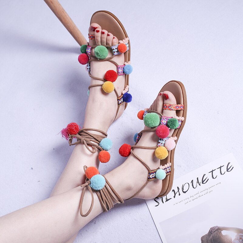 Summer Bohemian Lace-up Sandals Women Style Sweet Colour Fuzzy Ball Flat Cross-tied Shoes Mixed Colors Ankle-strap Sandals