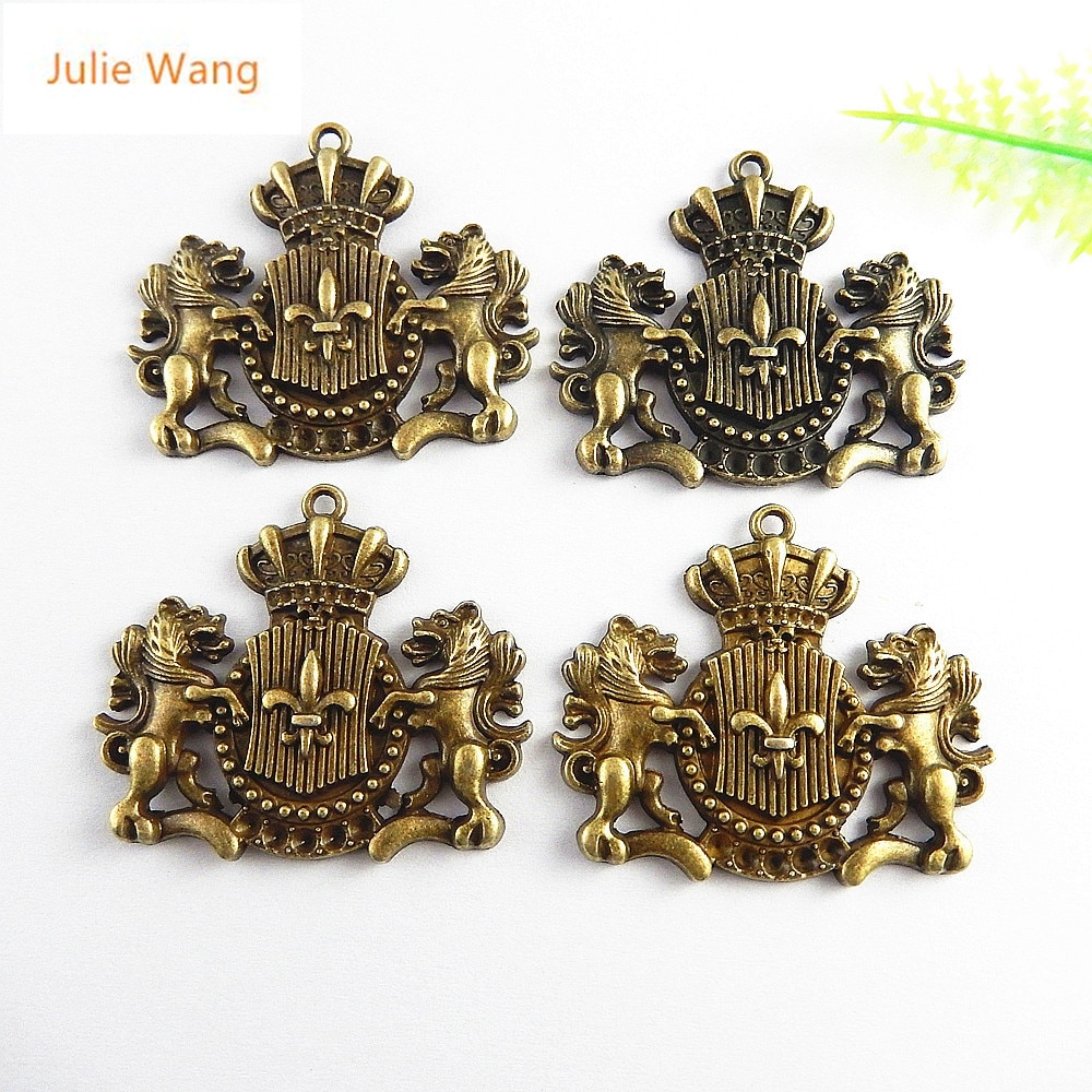 Julie Wang 5PCS Antique Bronze Lion Guardian Badge Charms Pendants Jewelry Making Necklace Key Chains Accessory