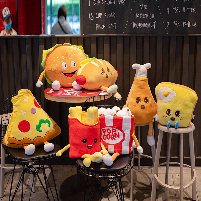 Glad mad plys legetøj figurerede tegneserie toast hamburger pizza pop corn chips underlår indretning snacks pude pude rekvisitter 7 slags