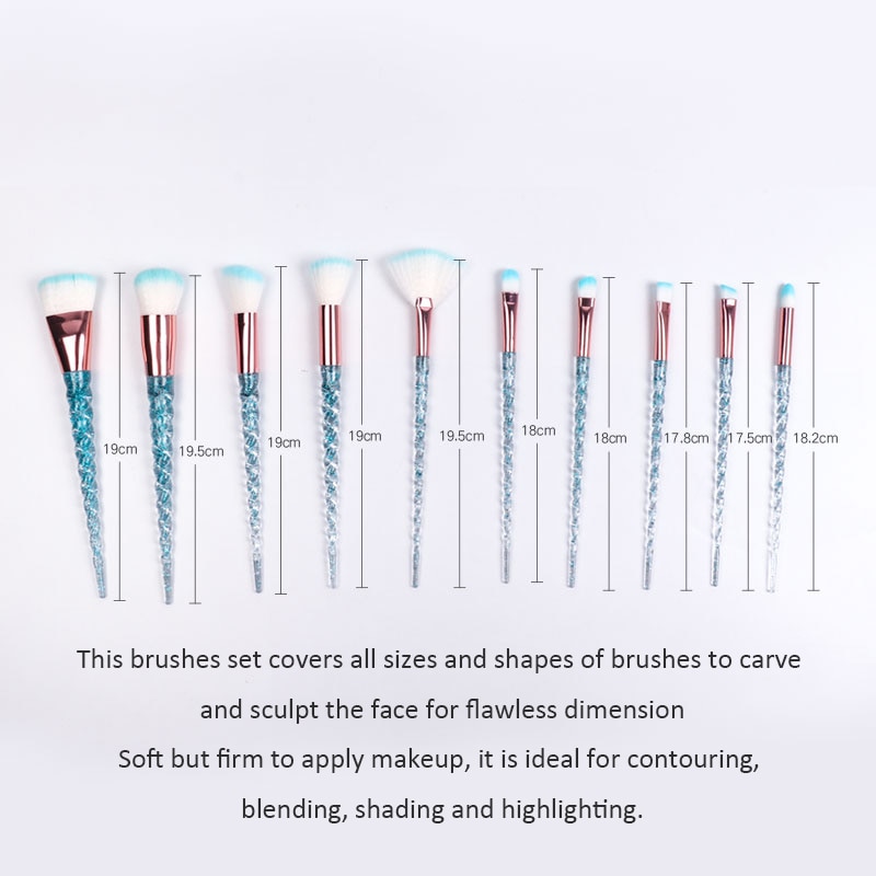 Dighealth – ensemble de pinceaux de maquillage licorne, lot de 10 pièces, professionnels, poignée en spirale, cristal, poudre de fond de teint, outils cosmétiques