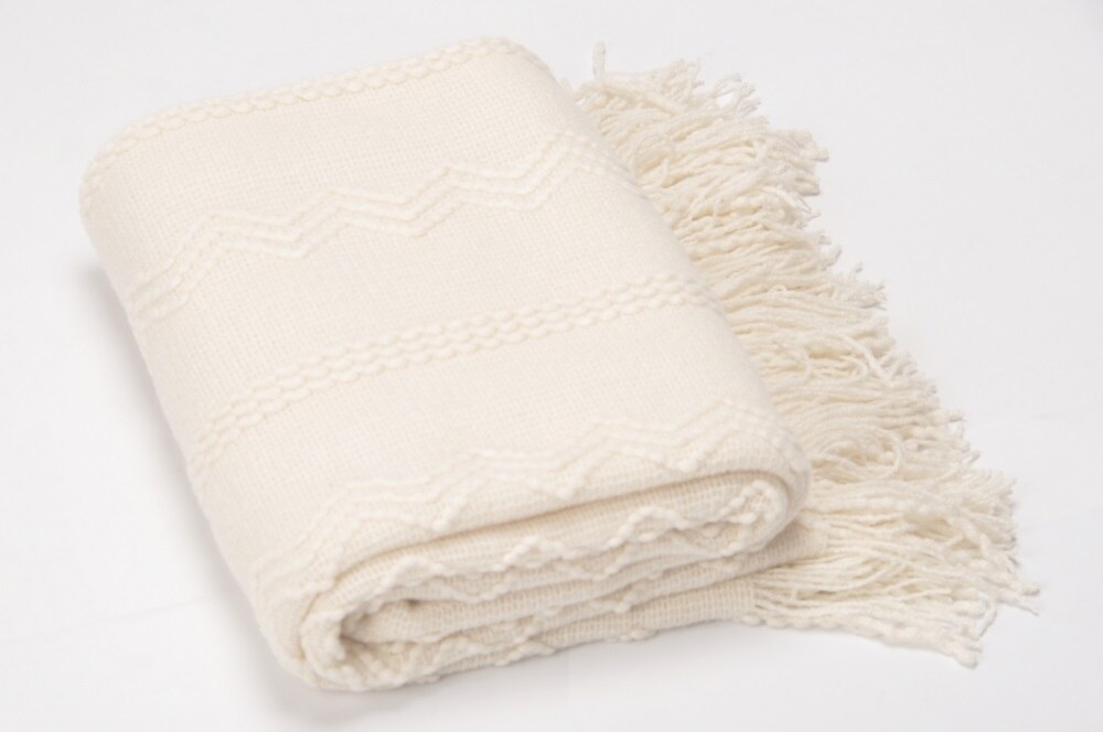 Battilo Intricate Woven Throw Blanket with Raised Patterns and Tasseled End 50"x60": White