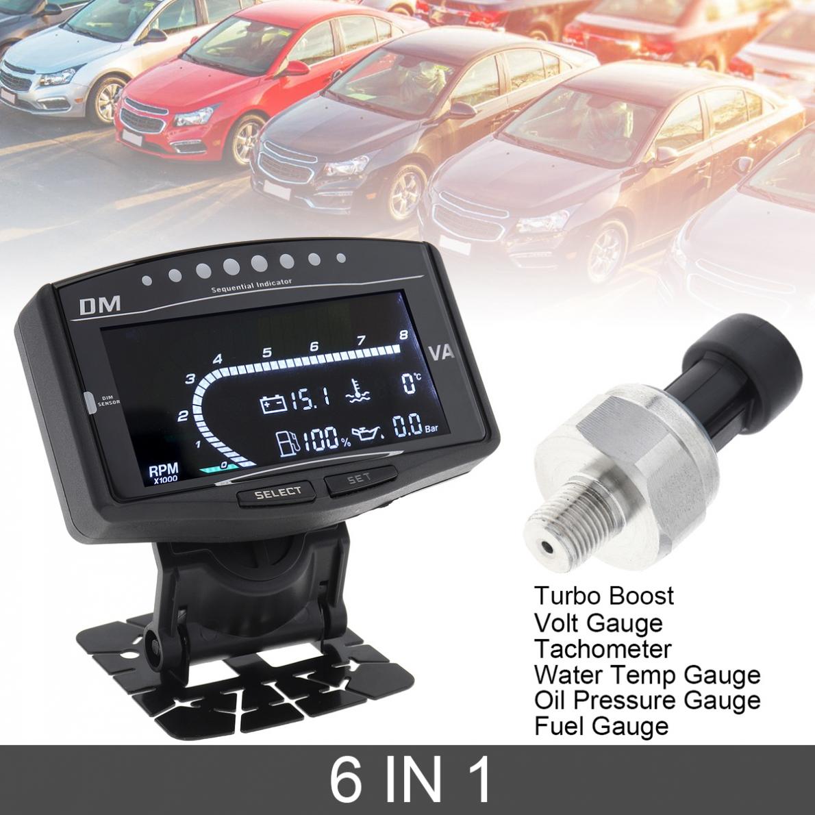 Universele 12V / 24V Auto Digitale Lcd Oliedrukmeter Voltmeter Brandstof Water Temperatuur Meter Auto Gauge Toerenteller turbo Boost