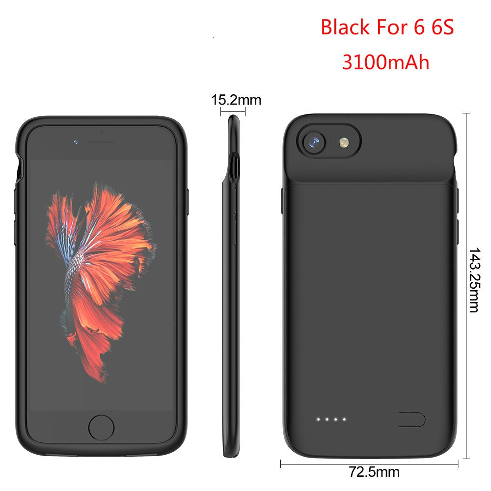 Leioua capa de carregador 3100 mah, para iphone 6, 6s, 7, 8, carregamento sem fio, power bank inteligente para iphone 6 caixa de bateria 6s 7 8plus: black For 6 6S