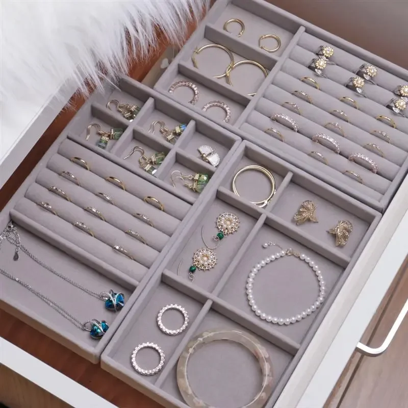 Fluwelen Sieraden Opbergdoos Ketting Stapelbaar Display Lade Armband Oorbel Organisatoren Diy Handwerk Lade Box Grey
