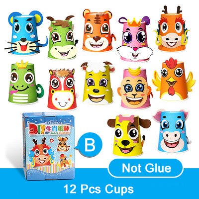 12 Stuks Kinderen 3D Diy Handgemaakte Papier Cups Sticker Materiaal Kit Hele Set Kids Kleuterschool School Art Craft Educatief Speelgoed zxh: SX box Not GTJ