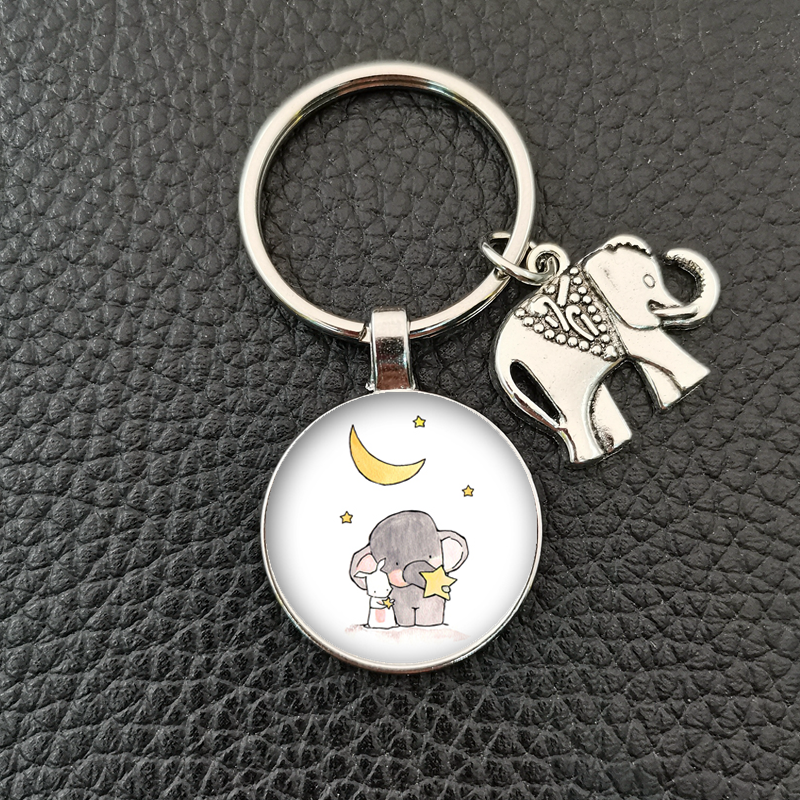 , llavero redondo convexo de cristal con de elefante y elefante bebé hecho a mano, llavero de coche, accesorios de boutique: Perla negra