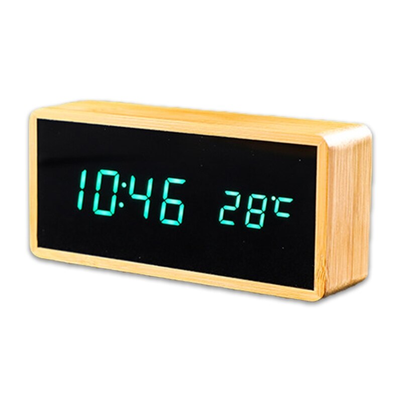 Electronic Digital Temperature Time Dual Display Desktop Alarm Clock LED Wooden: Green