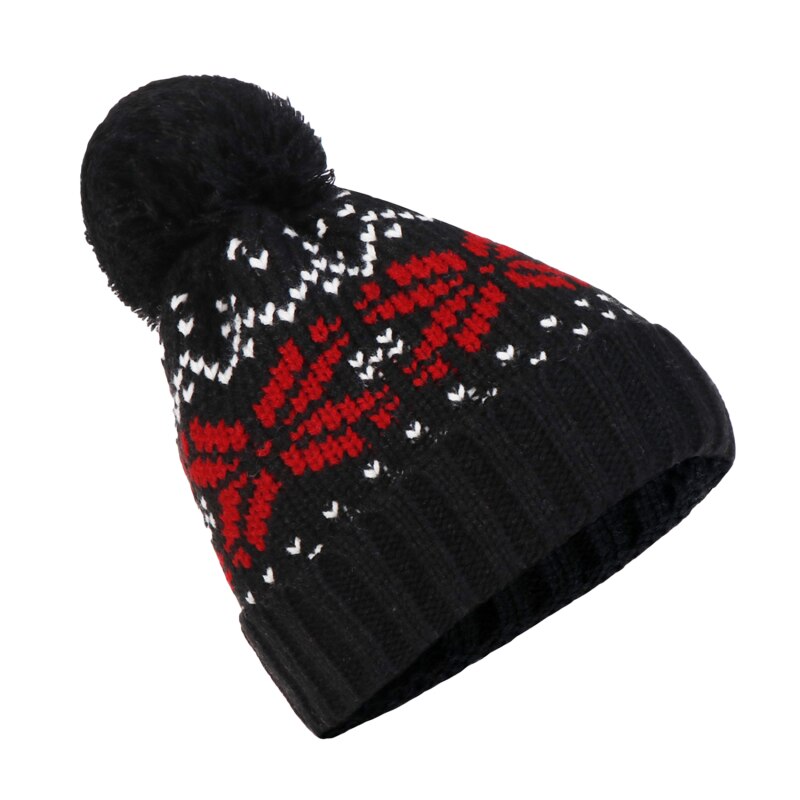Gorro con pompón de copo de nieve para hombre y mujer, gorro grueso de punto cálido de invierno coreano, de San Valentín, novedad: black