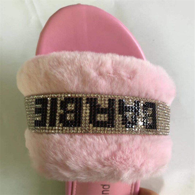 Pink hjem vildt hår hjemmesko vinter lyse diamant varme sandaler kvindelige flip flop flad med interiør hjemmesko