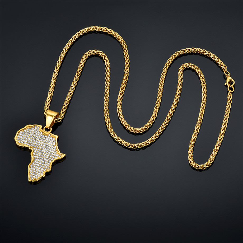 Collar con colgante de mapa de África para mujer y hombre, joyería etíope de acero inoxidable de Color dorado, artículo de hip hop de mapas africanos al por mayor N1279