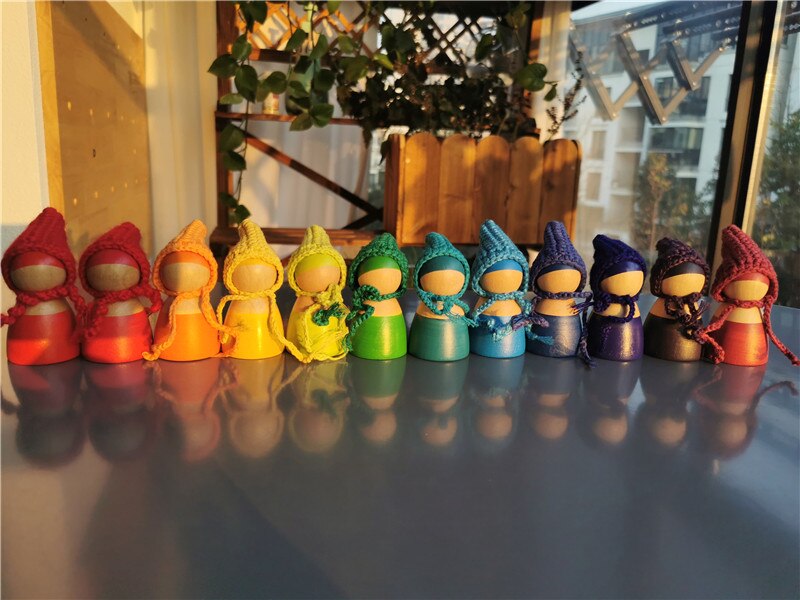 6/12 stücke Häkeln Holz Regenbogen Puppen in Beanies für Pastell Stapelbar Blöcke Holz Natürliche Puppe in Stricken Hut montessori Spielzeug: color random 6
