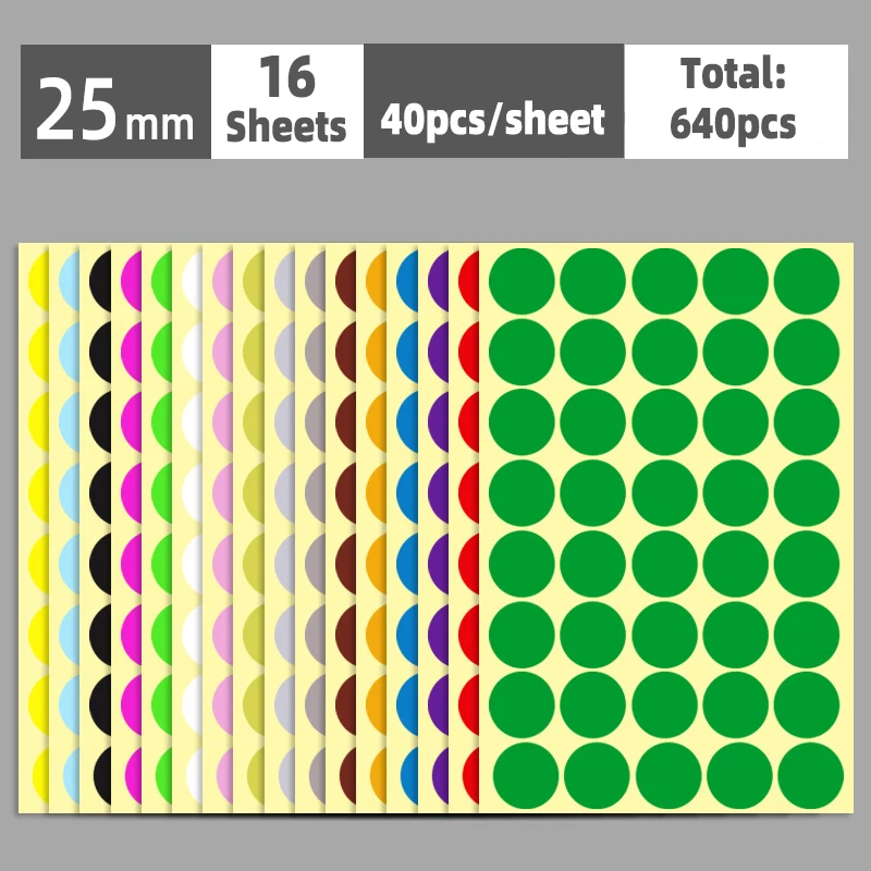 Autocollants à pois auto-adhésifs, étiquette ronde, fournitures scolaires, document mixte, multi-taille, 6mm, 8mm, 10mm, 13mm, 16mm, 19mm, 25mm, 32mm, 50mm, 100mm, 16 feuilles: vert militaire