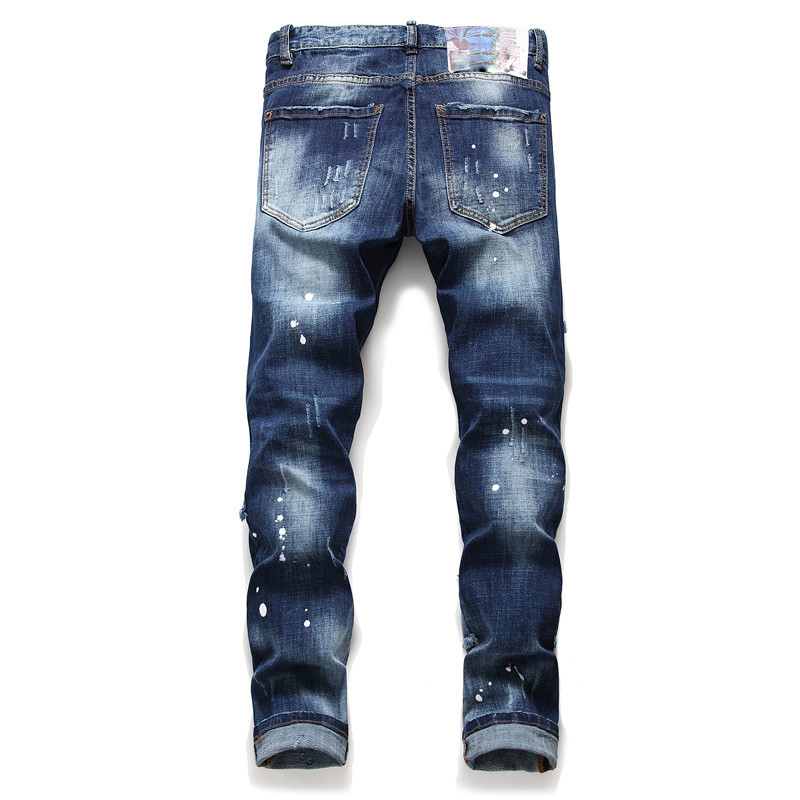 Light Luxury Men’s Ripped Jeans,Hole Patches Slim Fit Jeans,White Spot Prints Denim Pants,Street Casual Jeans Pants;