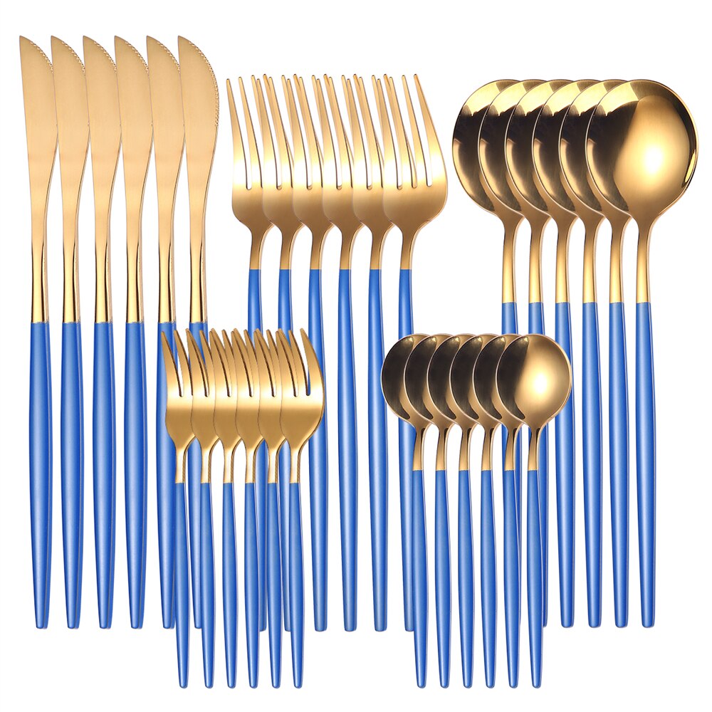 Couverts en acier inoxydable, 30 pièces, service de table en or, vaisselle en acier inoxydable, fourchette en or, cuillère couteau, service d'argenterie de luxe pour Banquet: 30Pcs Blue Gold