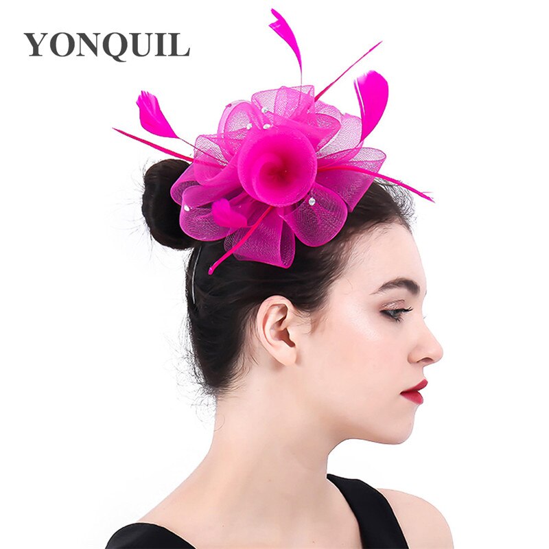 Handgemaakte bruidshoofddeksels tule fascinator hoed haarspeld dames formele huwelijkshaaraccessoires bloemenhoed: Felroze