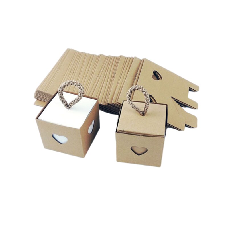 25/50Pcs Kraft Paper Box Square Heart Wedding Favor Candy Box With Rope Hand Packaging Bags Wedding Birthday Party Supplies