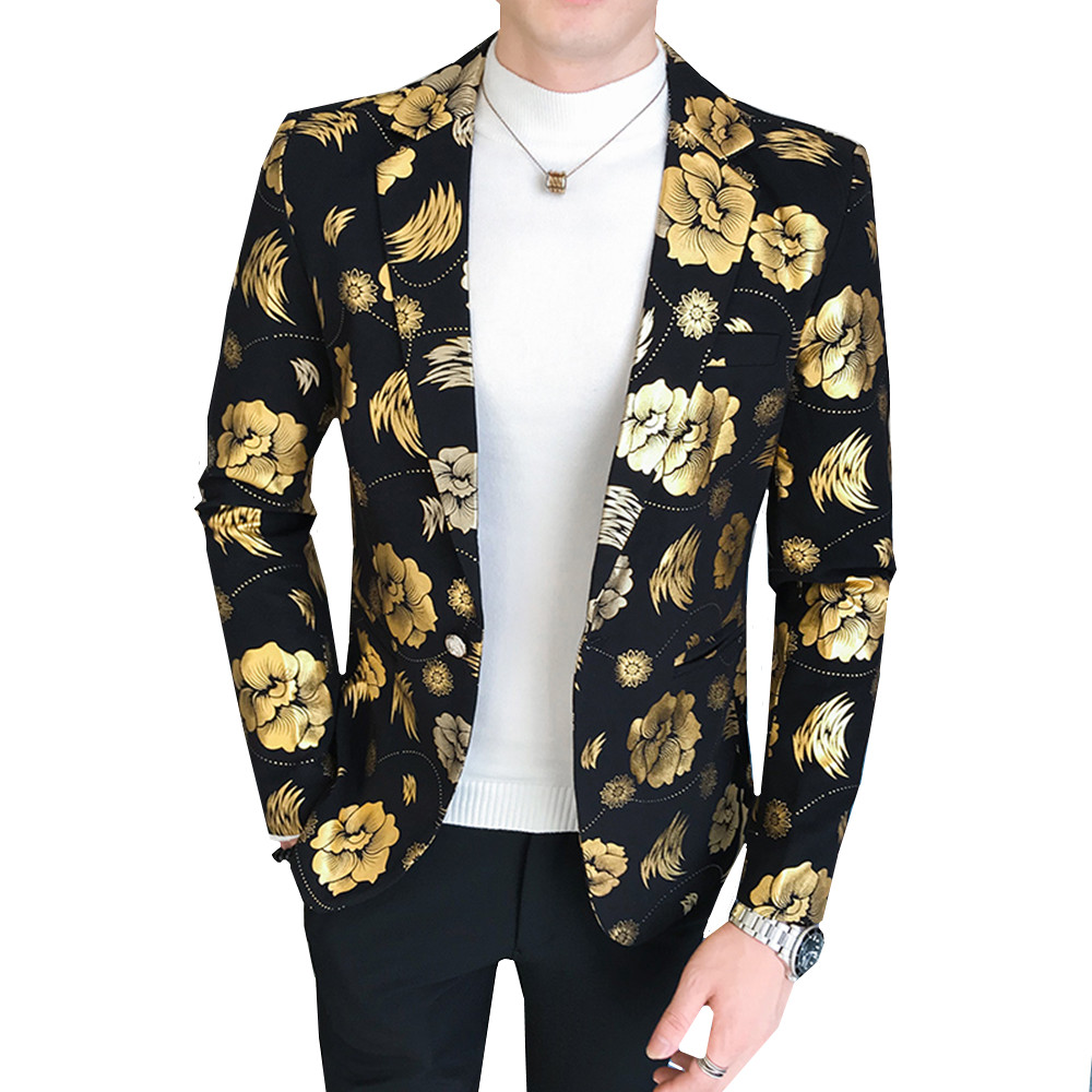 Smokings Heren Blazer Jacket Slim Fit Bloemen Pak Trend Afdrukken Bloemen Mode Mannelijke Party Stage Formele Jasje Zilver Goud