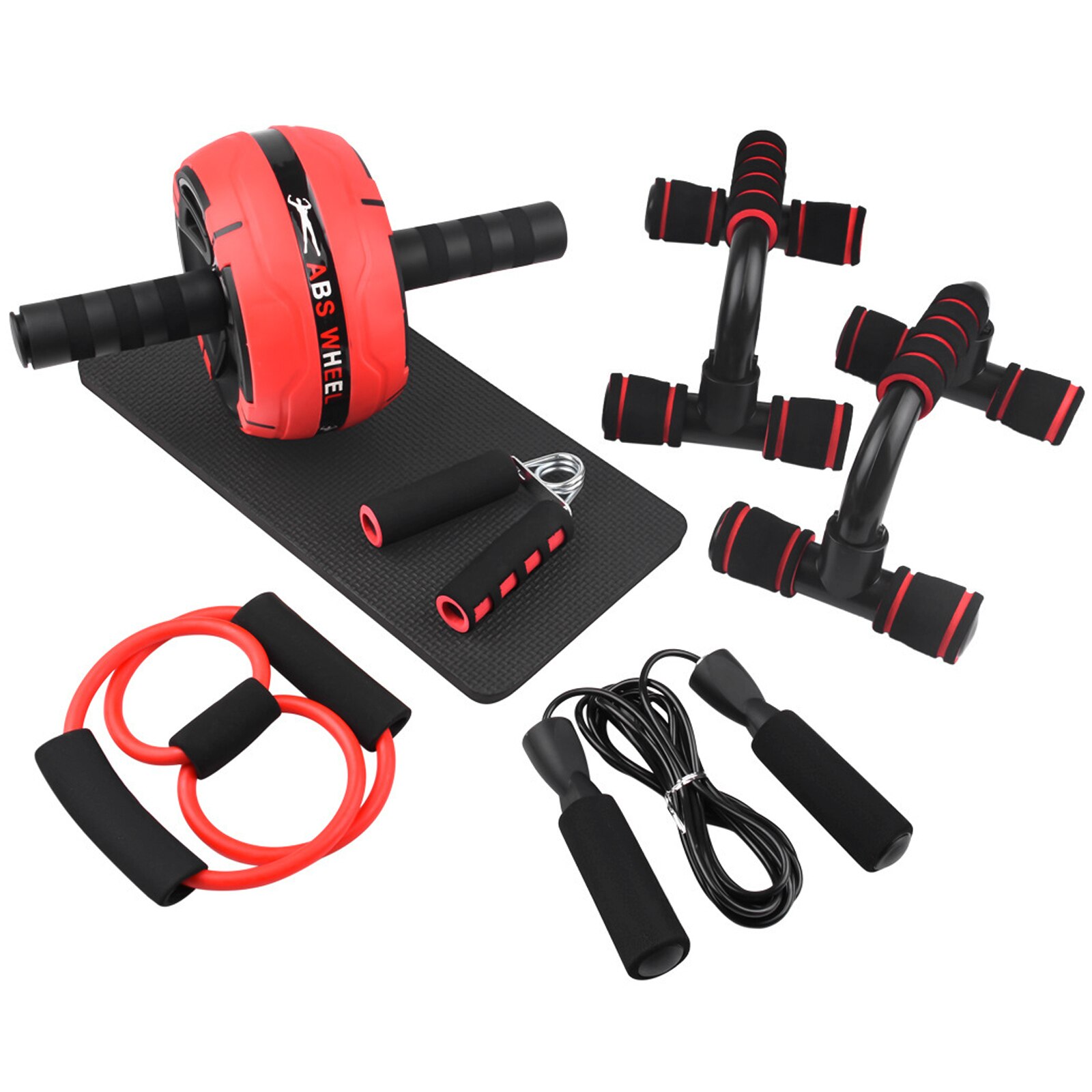 AB Wheel Roller Kit Abdominal Wheel Set with Push-Up Bar Jump Rope Hand Gripper and Knee Pad Home Gym Workout Equipment: Red 7pcs