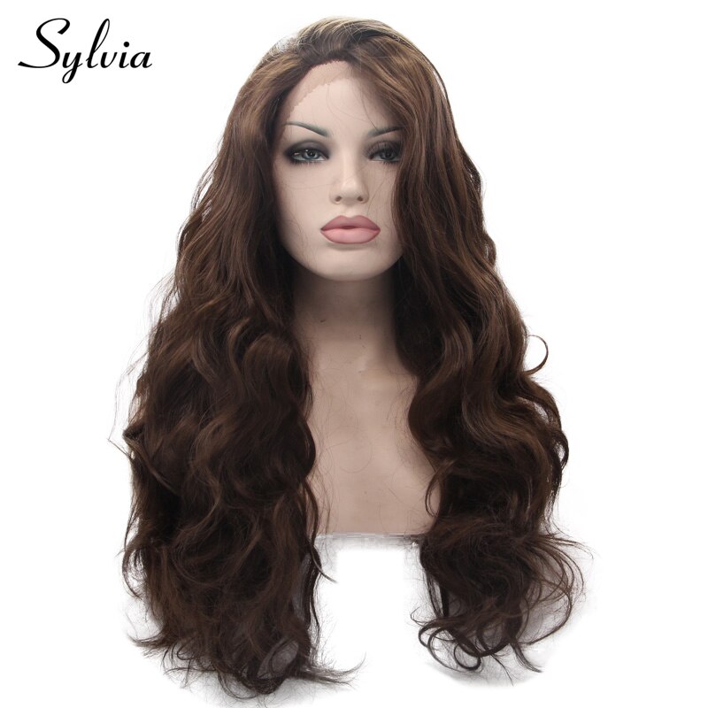 Silvia 6 # Natural castaño oscuro cuerpo ondulado sintético encaje frontal pelucas café marrón sin pegamento resistente al calor pelo de fibra para mujer