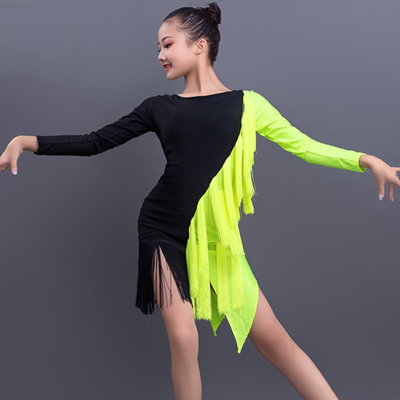 Nuovo Vestito Da Ballo latino Concorrenza Fluorescente Verde Frangia Del Vestito Ragazze Che Ballano Vestiti per Bambini Bambini costume di Scena del Vestito 3473