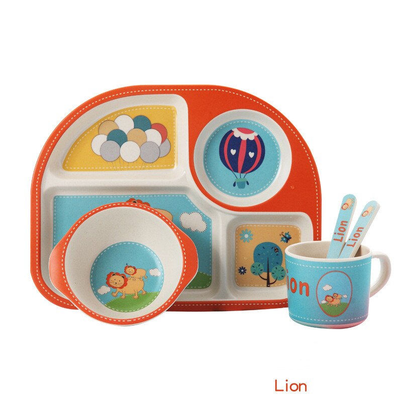5 stuks babyvoedingsbakjes schattige voedselcontainer van bamboevezels kinderserviesgoed babyservies peuterbord maaltijdschaal: Leeuw
