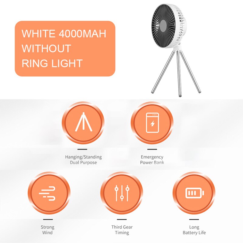 Multifunction Home Appliances USB Chargeable Desk Tripod Stand Air Cooling Fan with Night Light Outdoor Camping Ceiling Fan: 4000mAh White