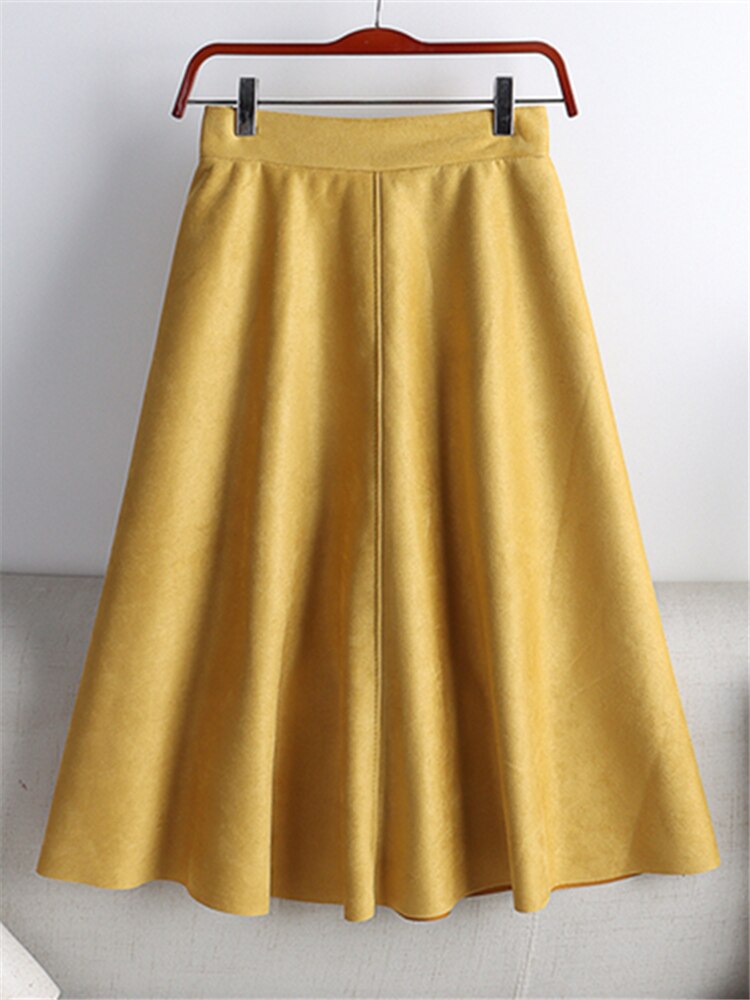 REALEFT 2023 Otoño Invierno mujeres gamuza Midi faldas de cintura alta multicolor A-Line faldas paraguas señoras falda femenina: YELLOW