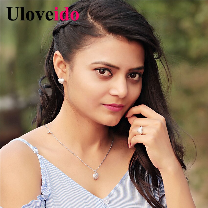 Uloveido Heart Necklace Earring Ring Jewelry Set Crystal Women Silver Color Wedding Bridal Jewelry Sets 49%off T004