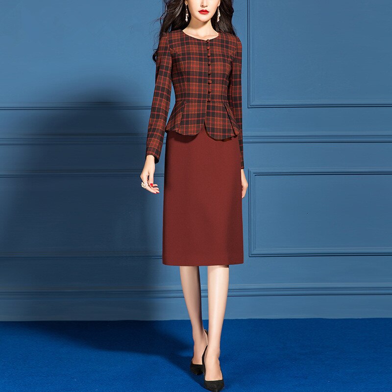Trajes elegantes de oficina para mujer, ropa Formal de negocios, chaqueta Blazer a cuadros Vintage, vestido de talla grande hasta la rodilla, conjunto de 2 piezas: XXXL