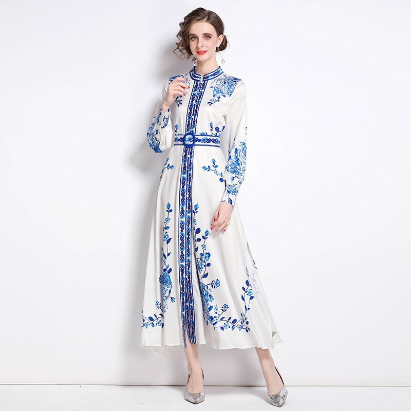 HS10043 HASA SERIES Large Lantern Sleeves Long Bright Silk Dress Stand Up Collar Back Tie Women's Dress Abaya