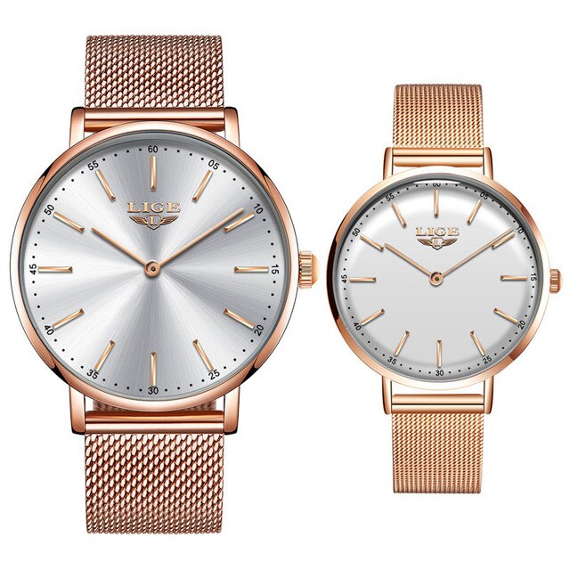 LIGE Couple montres pour amoureux haut de luxe Quartz horloge étanche montre-bracelet décontracté dames montre Couple amour: Rose gold white