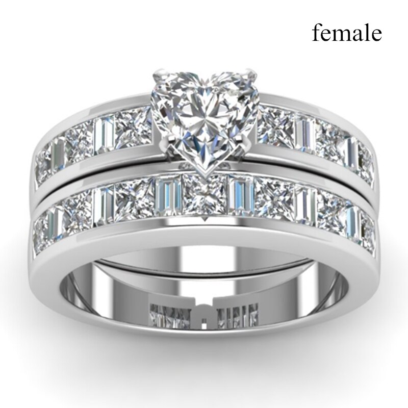Ringen voor stellen - herenring met s 8mm enkele rijen strass en damesring met hartvormige witte kristallen bruids- en verlovingsring: 7 / Vrouwen