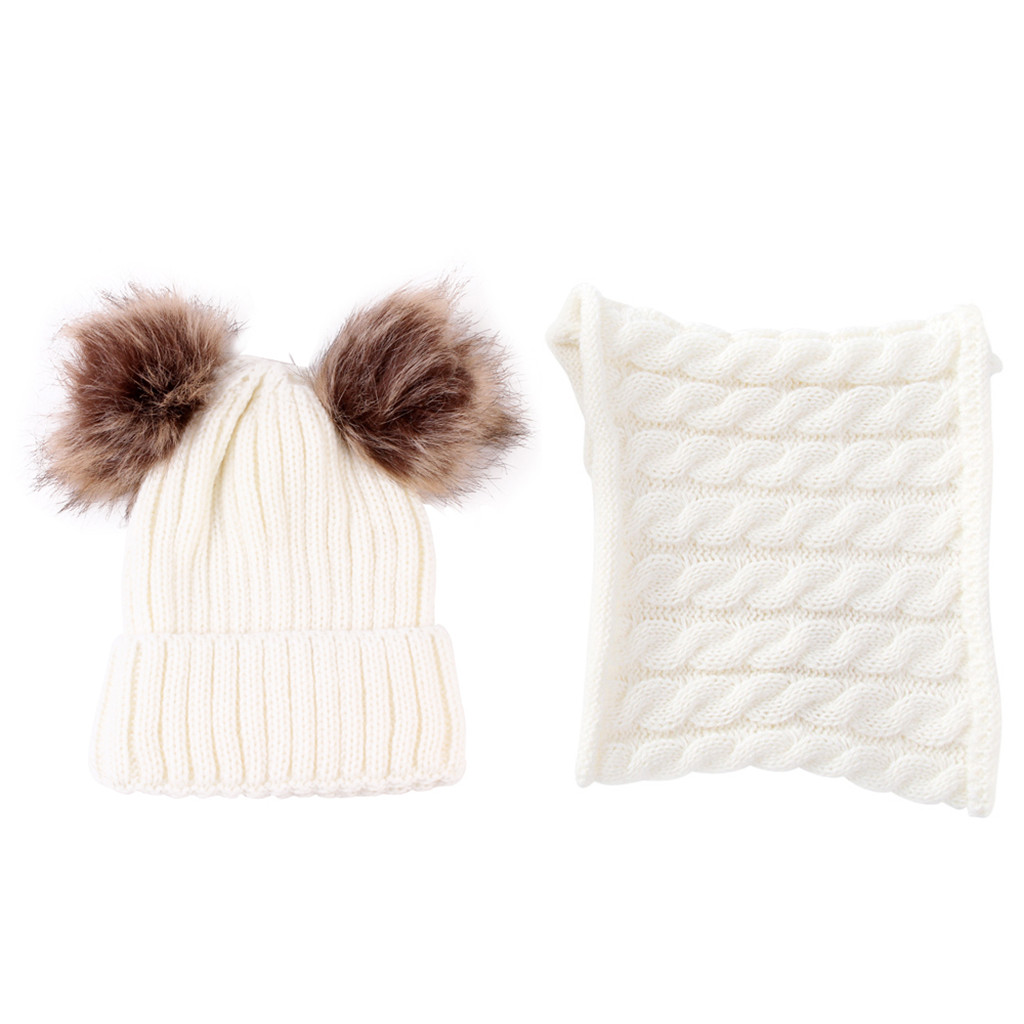 Vinter varm unisex solid två stycken stickad keps för barn med två päls boll halsduk vintermössa för jul: Vit
