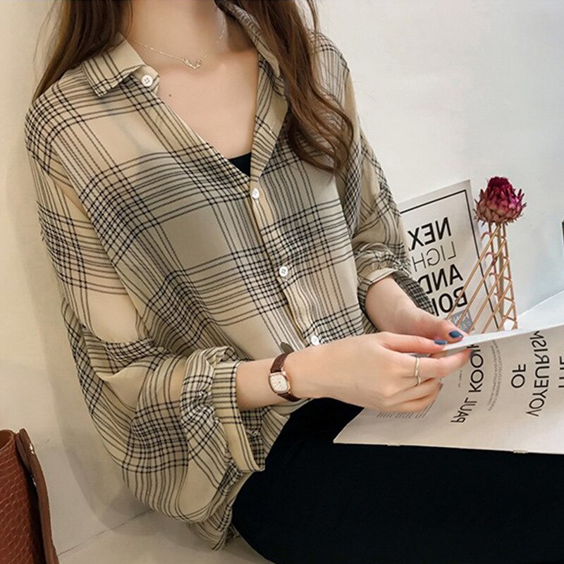 Printemps/été femmes chic lâche grosse sœur chemise à carreaux