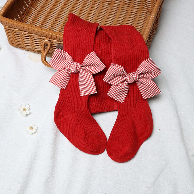 Infantil meias de natal com nervuras meias meninas estiramento meados de rise collants com arcos (vermelho) roupas de bebê inverno: 02 / 70-80cm