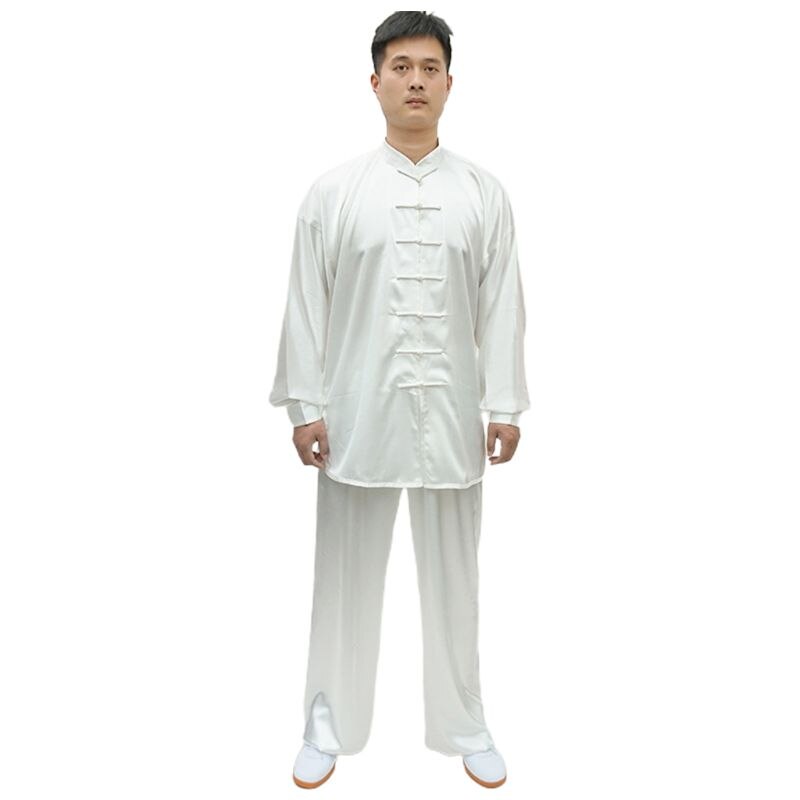 Frauen Männer Nachahmung die Seide Kung Fu Uniform Kampfkunst Tai Chi Kleidung Langarm Anzug Wushu Leistung Tragen Trainingsanzug: Weiß / 160